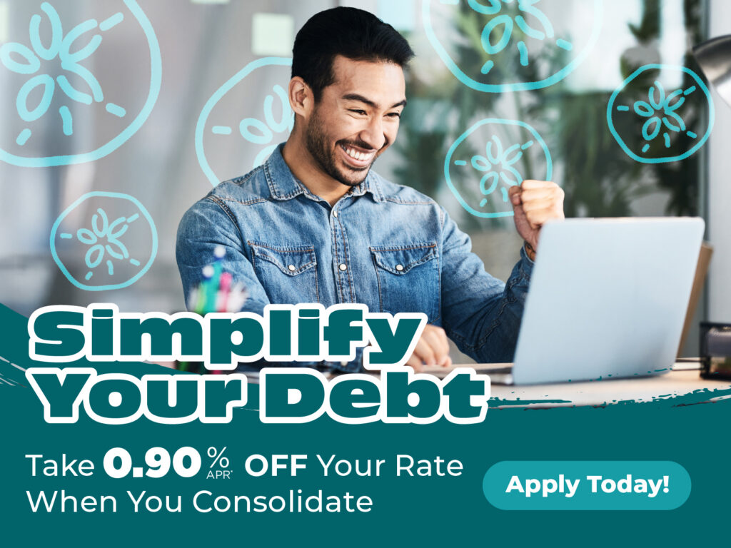 Smiling man at a laptop raises fist in triumph, surrounded by abstract symbols. Text: "Simplify Your Debt. 0.90% APR off. Apply Today!"