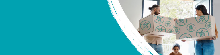 A joyful couple carrying moving boxes, accompanied by a child. Bold text reads "Opening Doors for 90 years!" and mentions waived appraisal and credit fees.